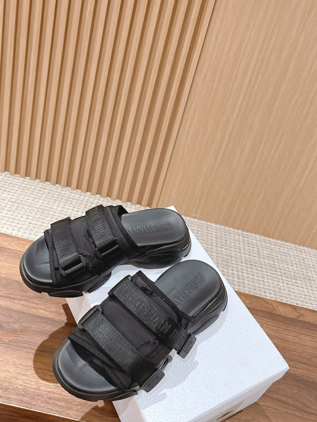 DIOR PLATFORM SLIDES 25S 30 MM IN BLACK FABRIC AND CALFSKIN