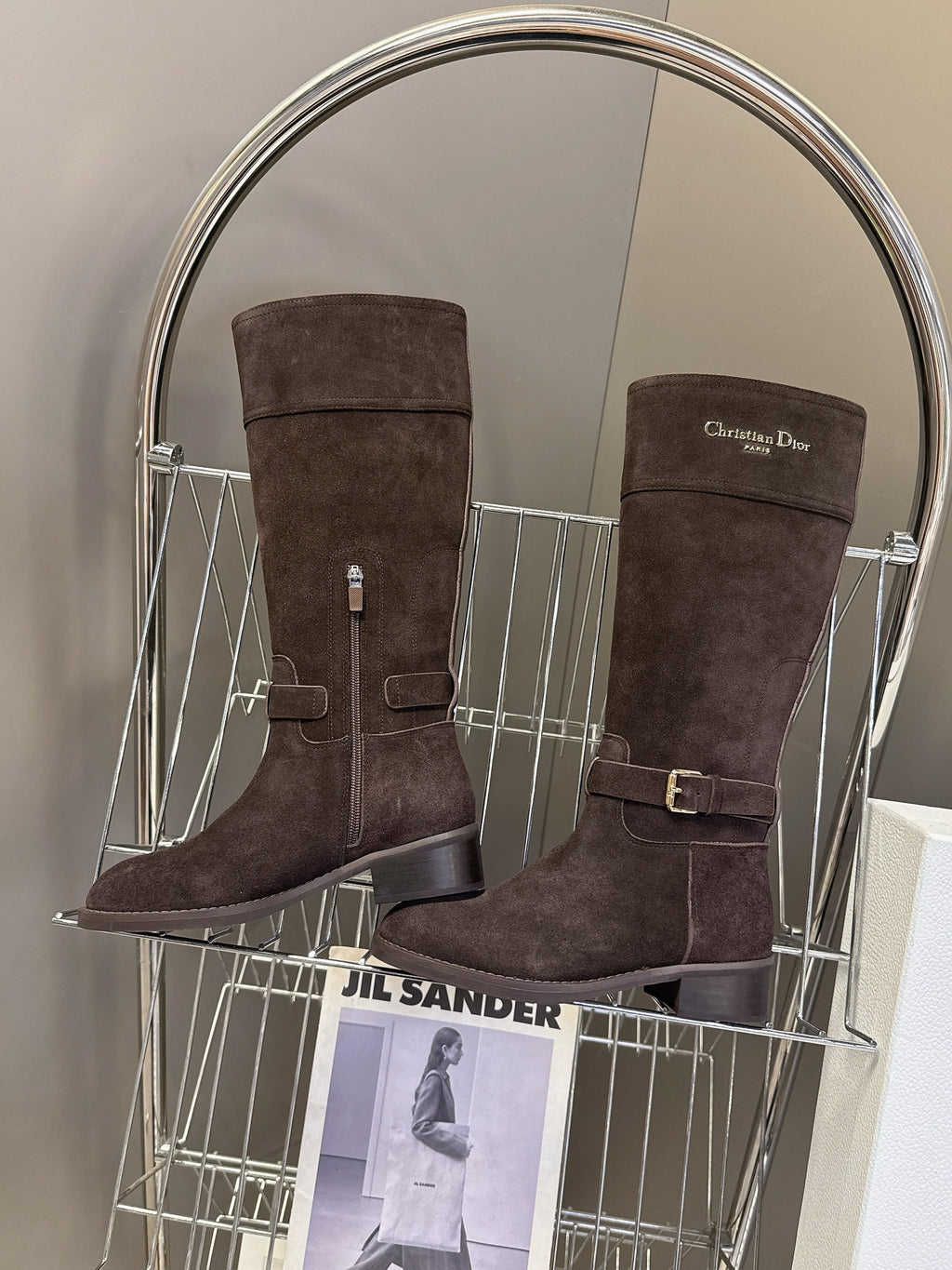 DIOR 25S BROWN HIGH BOOTS IN DARK BROWN SUEDE