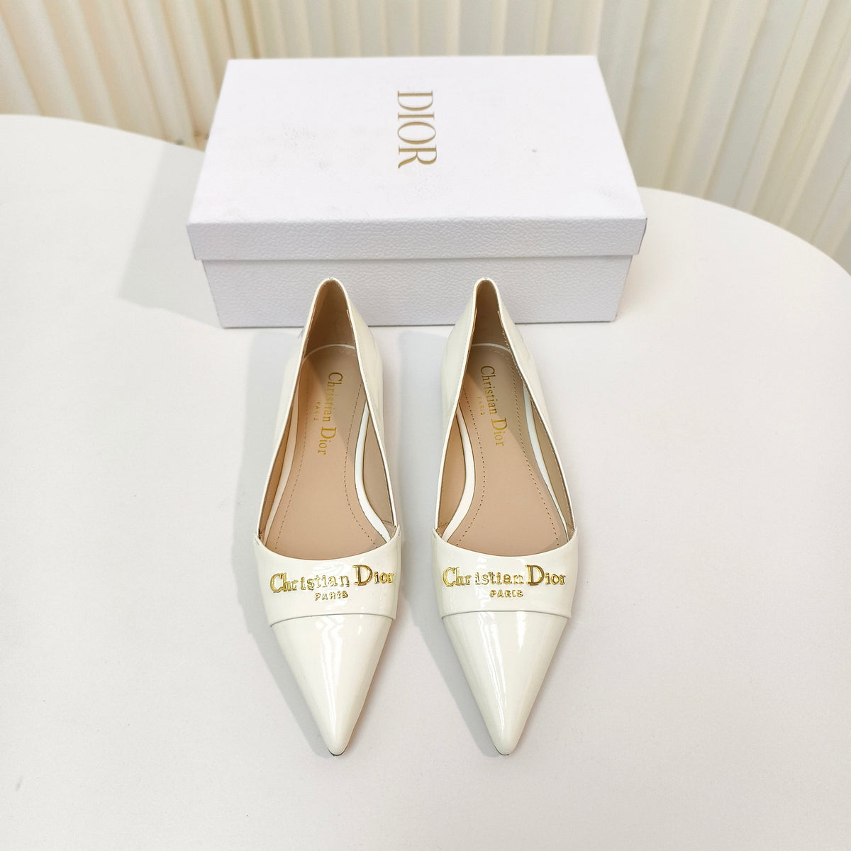DIOR POINTED BALLET FLATS 25S IN CREAM WHITE GLOSSY LEATHER WITH GOLD HARDWARE