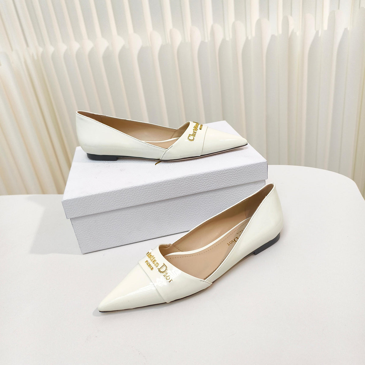 DIOR POINTED BALLET FLATS 25S IN CREAM WHITE GLOSSY LEATHER WITH GOLD HARDWARE