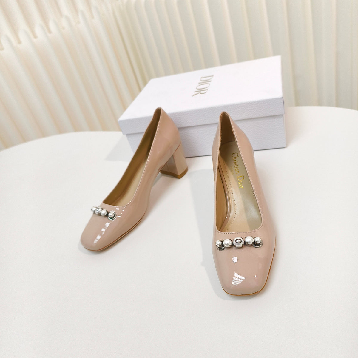 DIOR HIGH HEEL 55 MM 25S IN BEIGE LAMBSKIN PEARL DETAILING