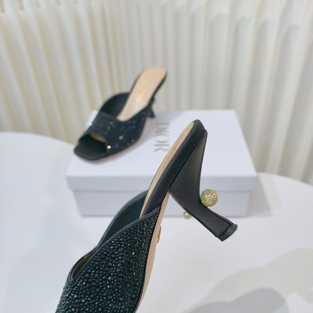 DIOR EMBELLISHED HIGH HEEL SLIDES 25S IN BLACK SATIN AND CALFSKIN