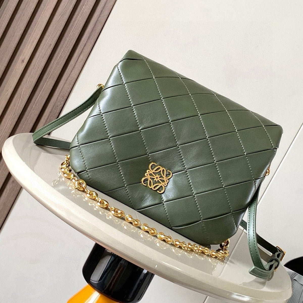 LOEWE 25S PUFFER GOYA BAG 23 IN DARK OLIVE GREEN NAPPA LAMBSKIN