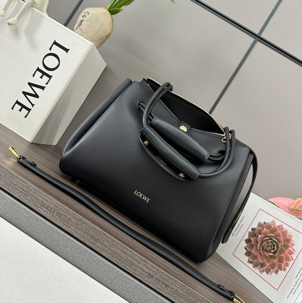 LOEWE 25S MADRID BAG 28 IN BLACK CALFSKIN GOLD HARDWARE