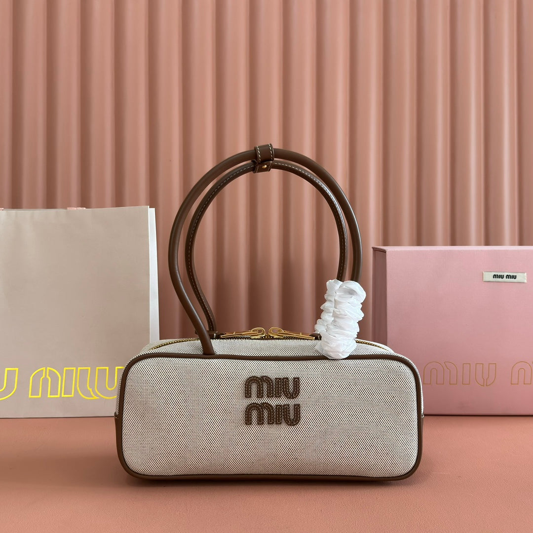 MIUMIU 25S BEAU CANVAS BAG 28 IN BEIGE CANVAS AND BROWN CALFSKIN