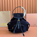 MIUMIU 26S BACKPACK 22 IN DARK BLUE CANVAS BLUE CALFSKIN