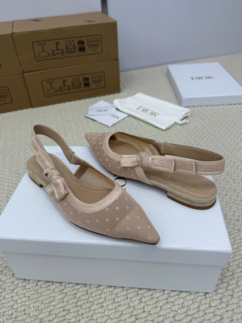DIOR FLAT SLINGBACK 25S IN NUDE LACE NET FABRIC AND SUEDE
