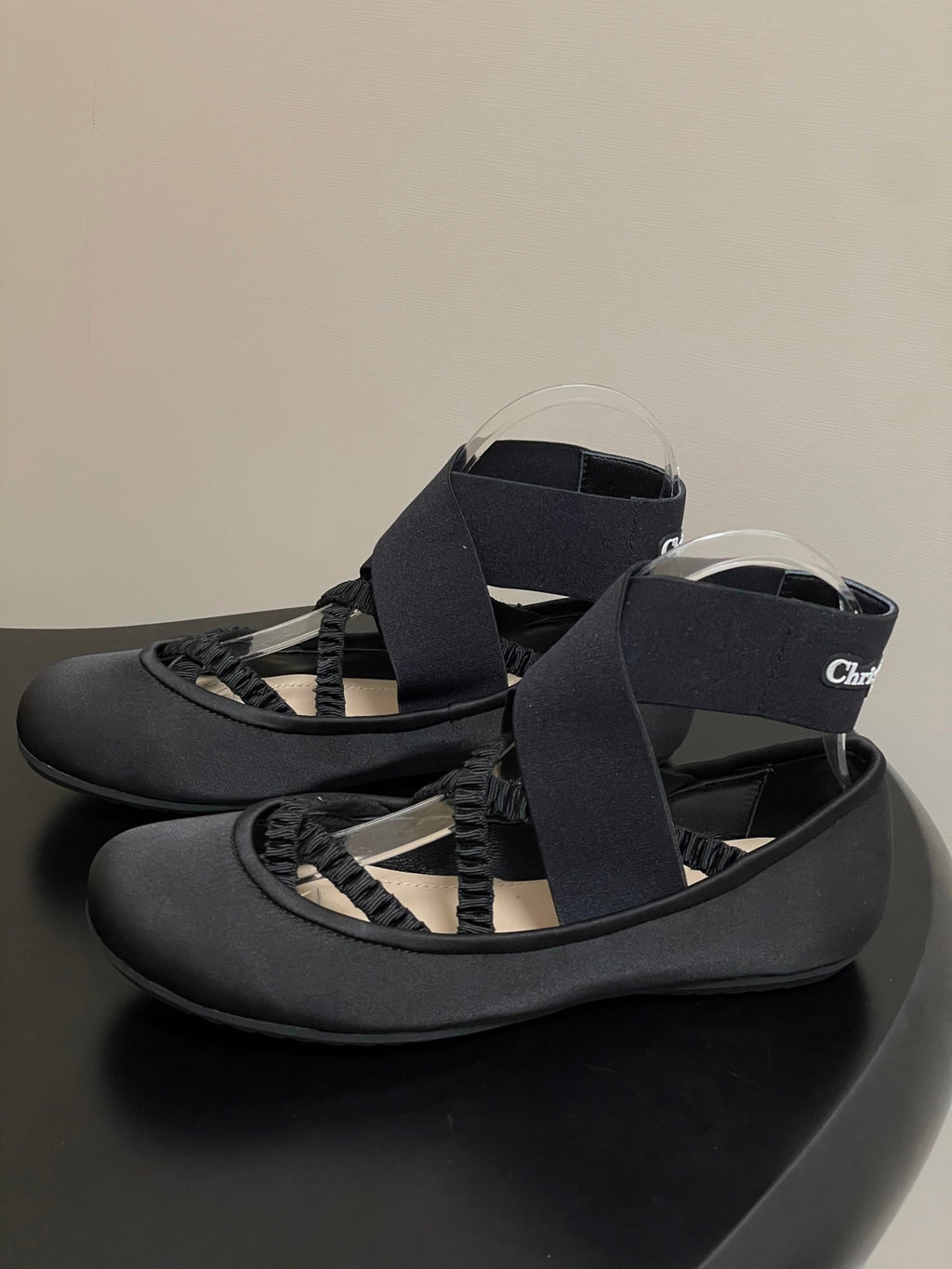DIOR STRETCH BALLET FLATS 25S IN BLACK FABRIC WITH CROSSED STRAPS