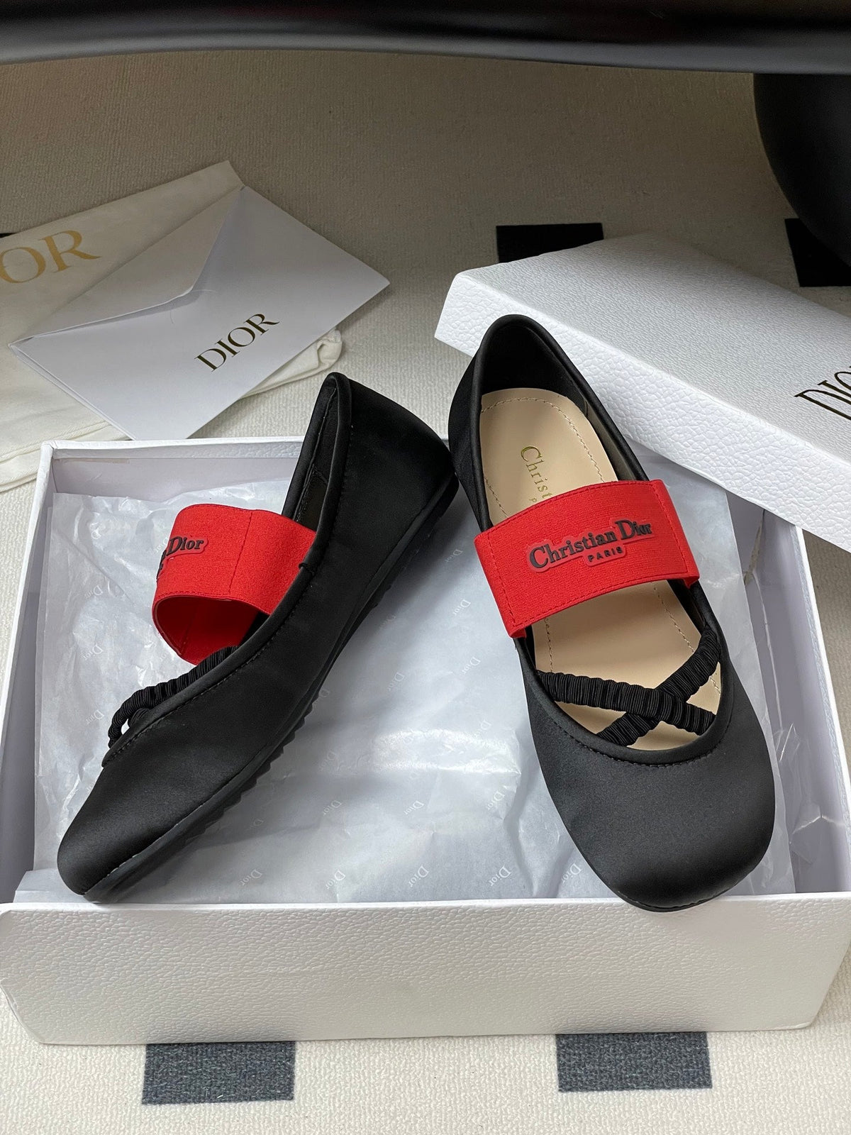 DIOR STRETCH BALLET FLATS 25S IN BLACK MIX RED FABRIC