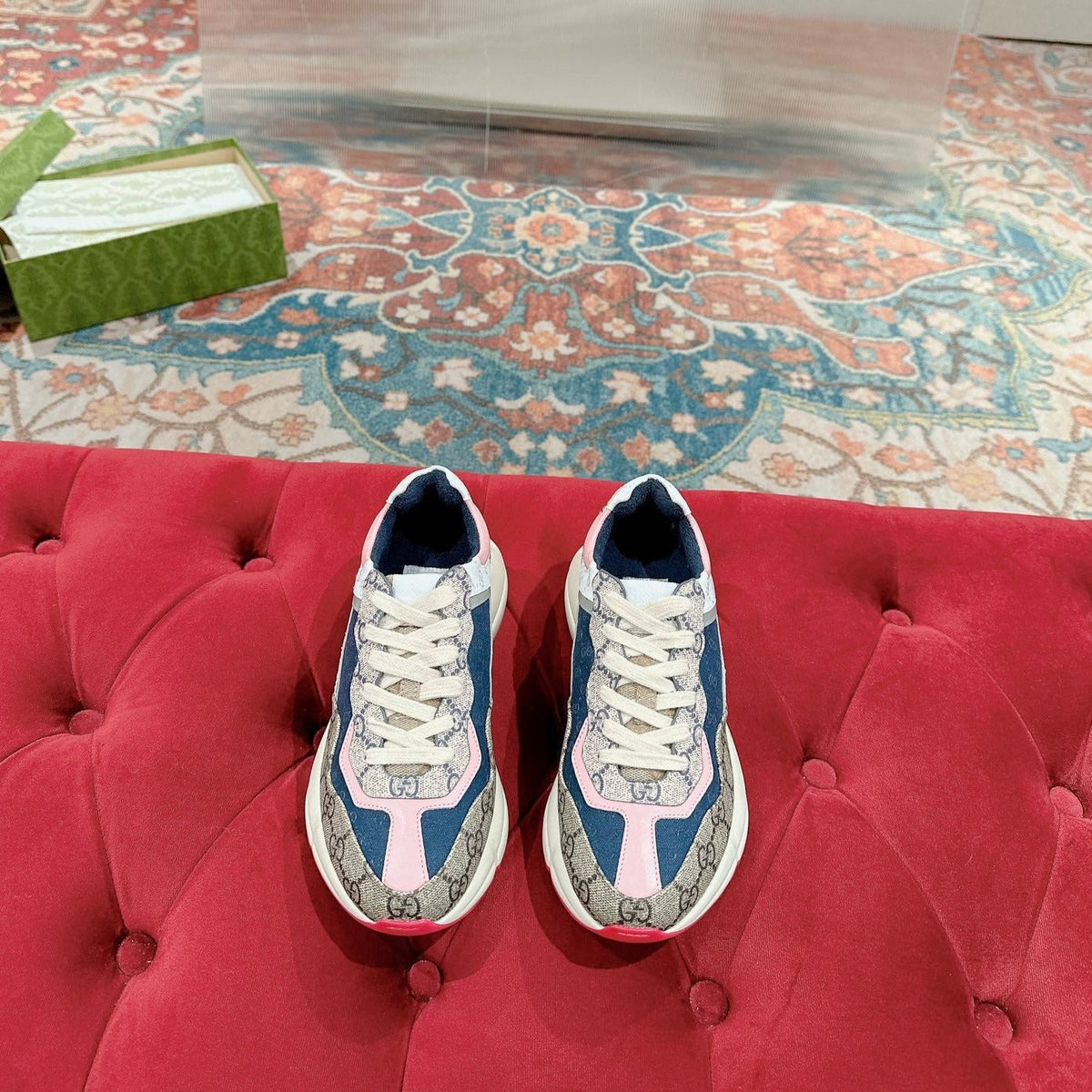 GUCCI RHYTON TRAINER LIGHT BROWN AND PINK CALFSKIN