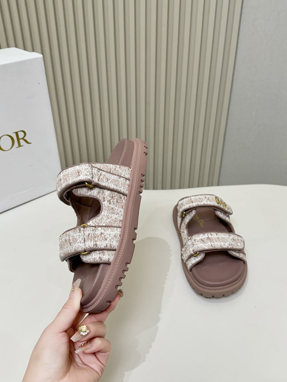 DIOR CLASSIC DOUBLE-STRAP SLIDES 25S IN ROSE BROWN TWEED AND CALFSKIN