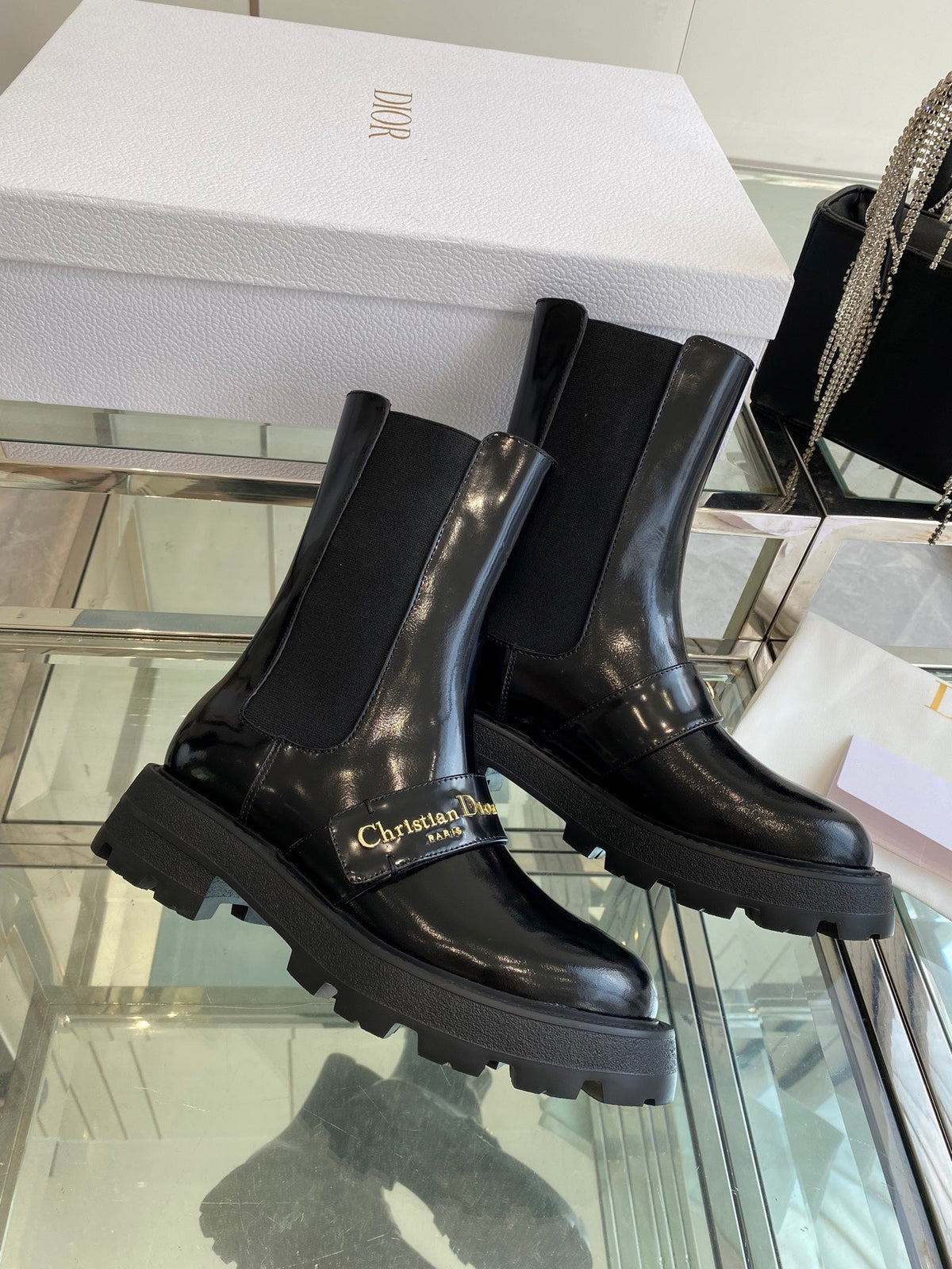 DIOR 25S D-QUEST ANKLE BOOT 35MM IN BLACK GLOSSY CALFSKIN GOLD HARDWARE