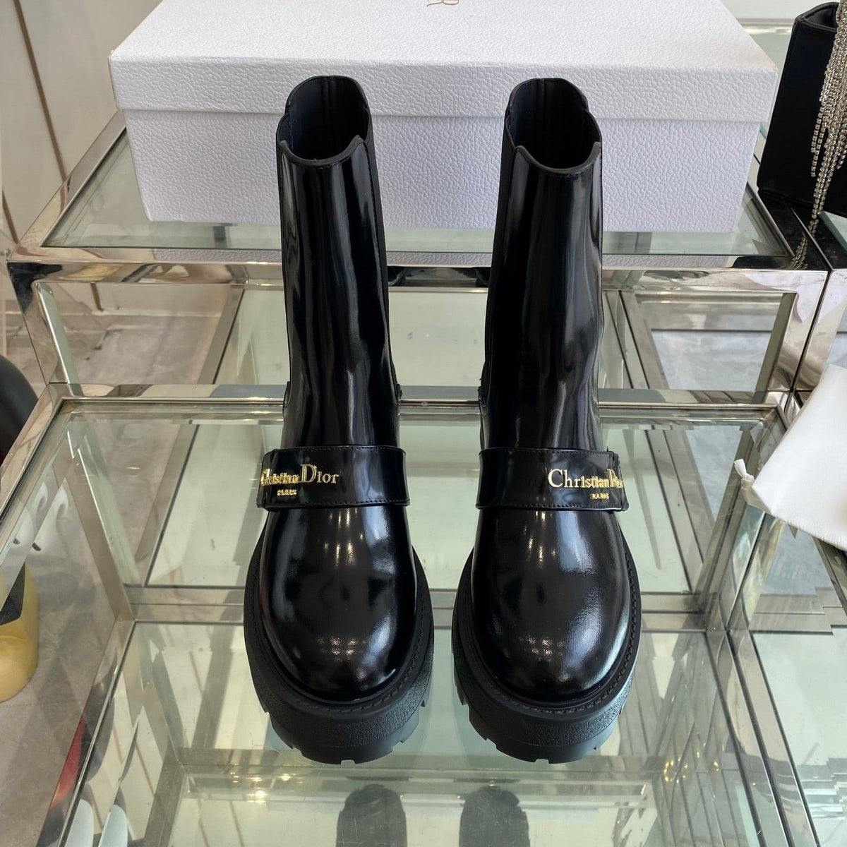 DIOR 25S D-QUEST ANKLE BOOT 35MM IN BLACK GLOSSY CALFSKIN GOLD HARDWARE