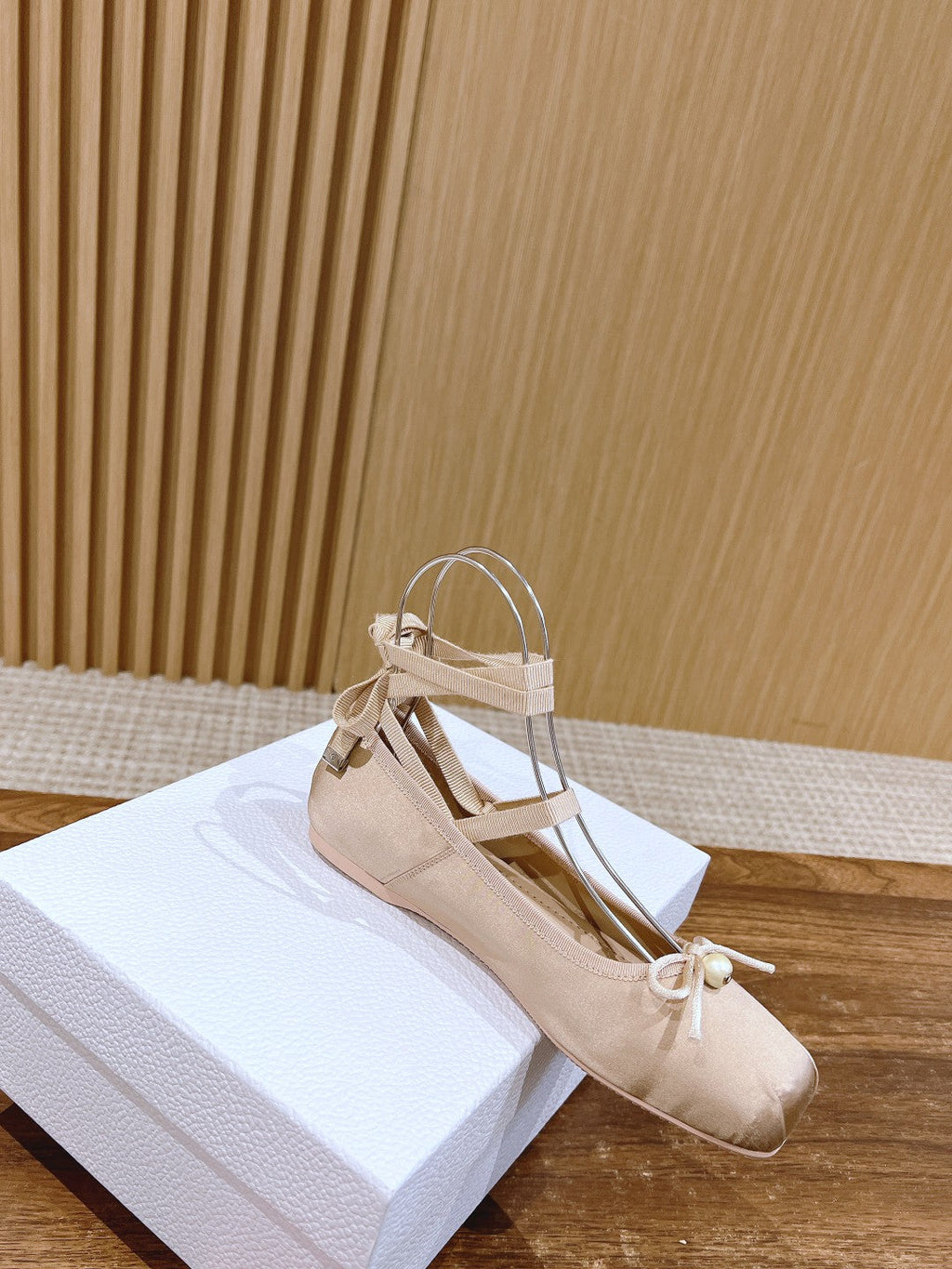 DIOR CLASSIC LACE-UP BALLET FLATS 25S IN NUDE SATIN PEARL DETAILING