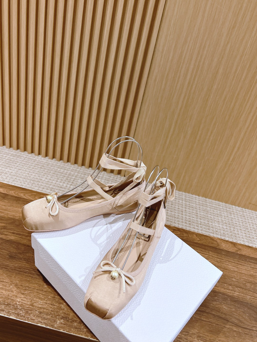 DIOR CLASSIC LACE-UP BALLET FLATS 25S IN NUDE SATIN PEARL DETAILING
