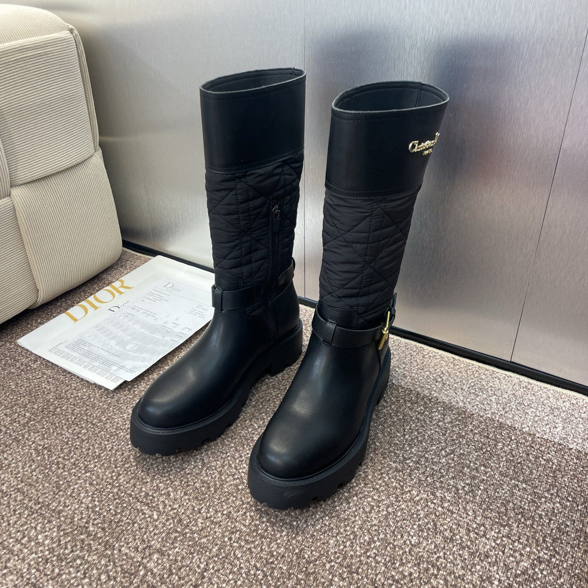 DIOR 25S D-TOWN BOOT 45MM IN BLACK CALFSKIN AND NYLON WITH EMBROIDERED CANNAGE MOTIF