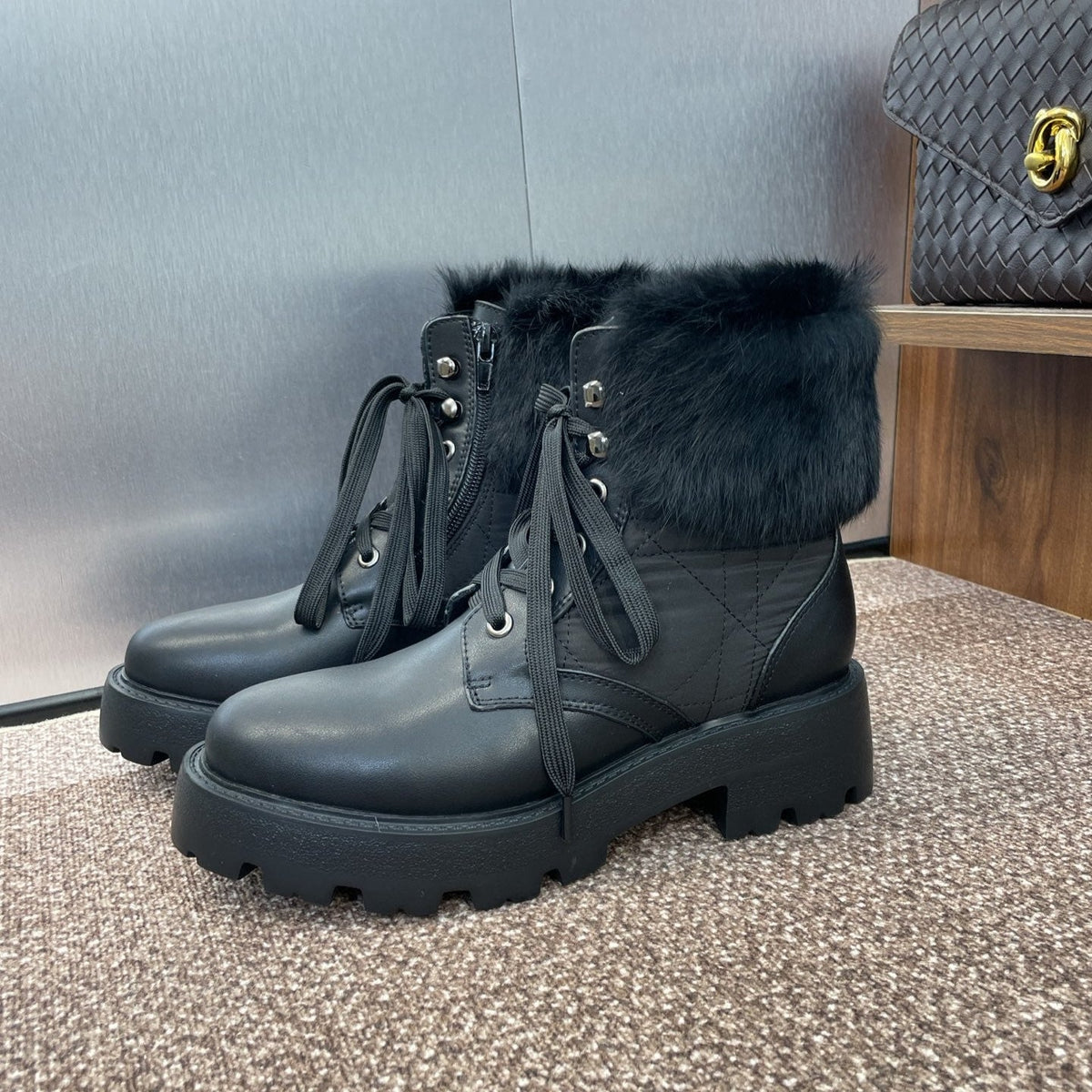 DIOR 25S D-MAJOR ANKLE BOOTS WICKER STYLE 35MM IN BLACK CALFSKIN AND CANVAS