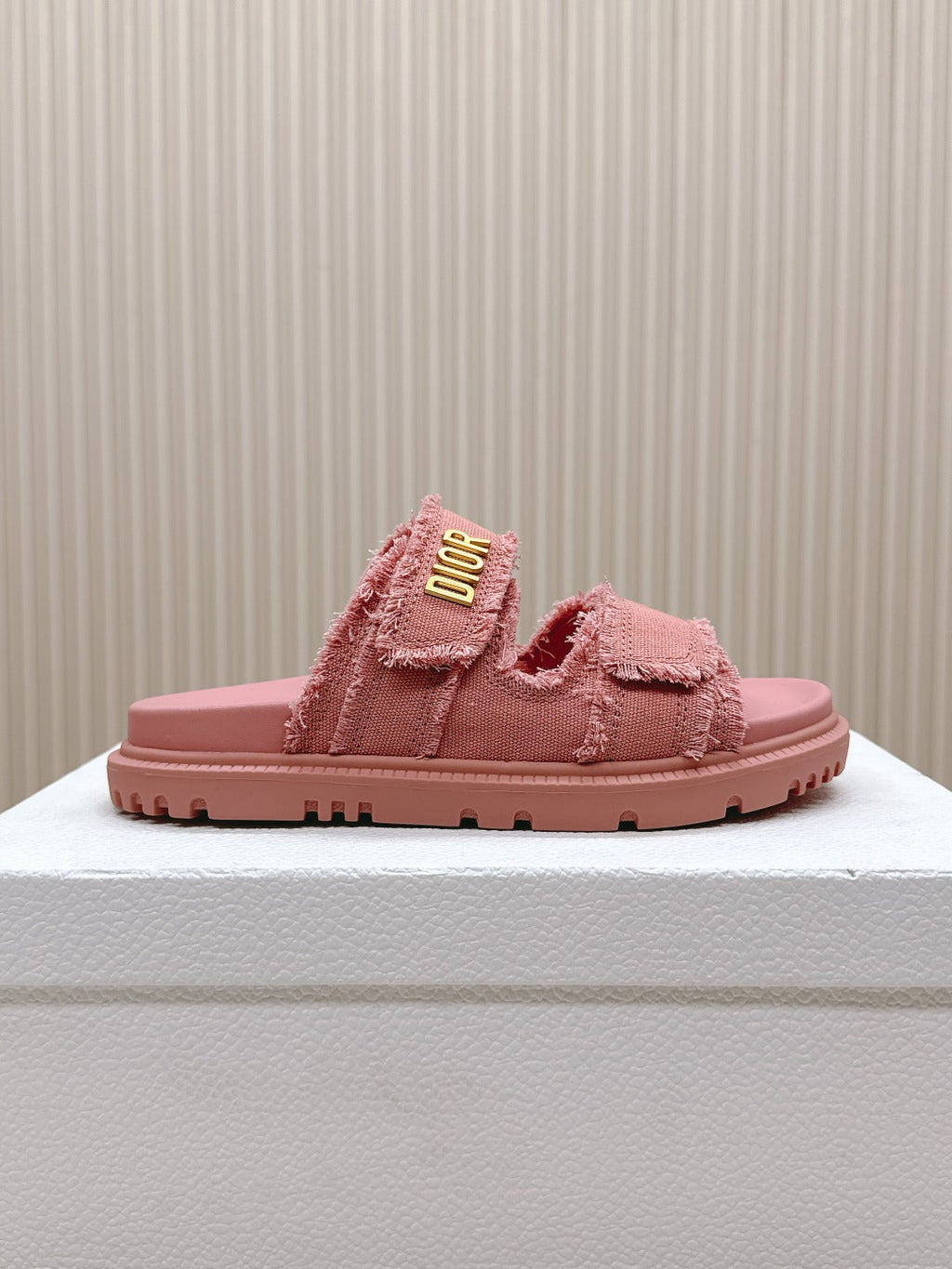 DIOR CLASSIC DOUBLE-STRAP SLIDES 25S IN PEACHY PINK DENIM AND CALFSKIN
